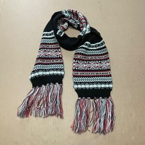 Rectangle Fair Isle Scarf w/Sequins Red, Gray & Black Colored 64 X 7.5 Fringe